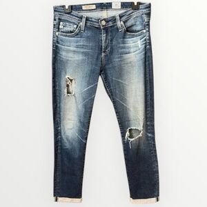 AG Adriano Goldschmied The Stilt Cigarette Roll Up Distressed Jeans Size 28